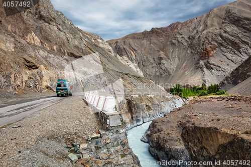 Image of Indian lorry trucks on highway in Himalayas. Ladakh, India