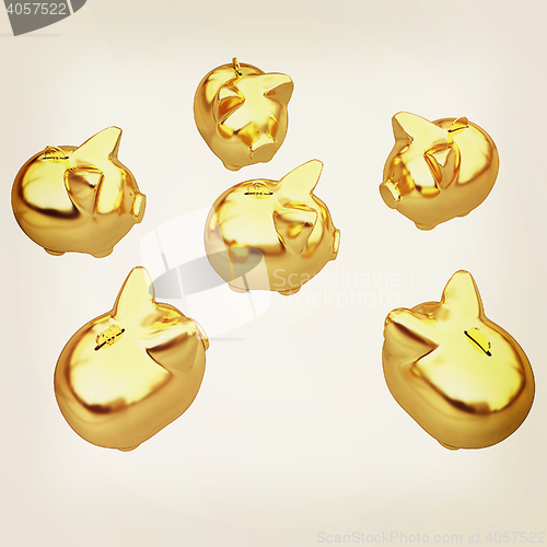Image of gold coin with with the gold piggy banks. 3D illustration. Vinta