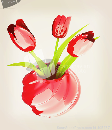 Image of Tulips with leaf in vase. 3D illustration. Vintage style.