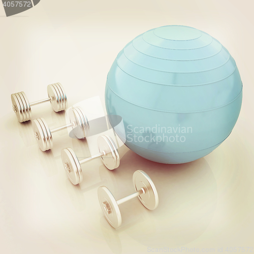 Image of Fitness ball and dumbell. 3D illustration. Vintage style.