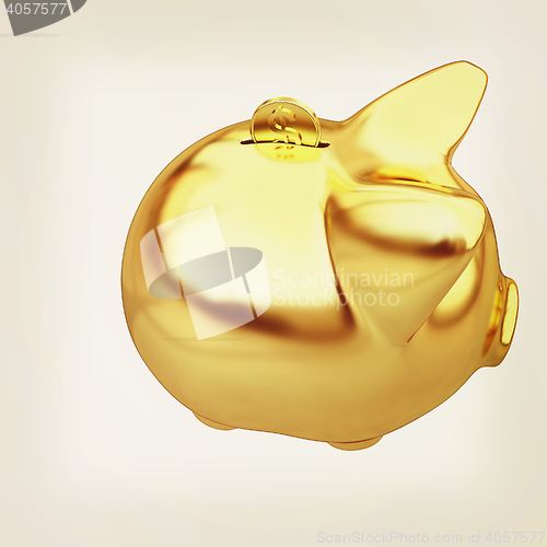 Image of gold coin with with the gold piggy bank . 3D illustration. Vinta