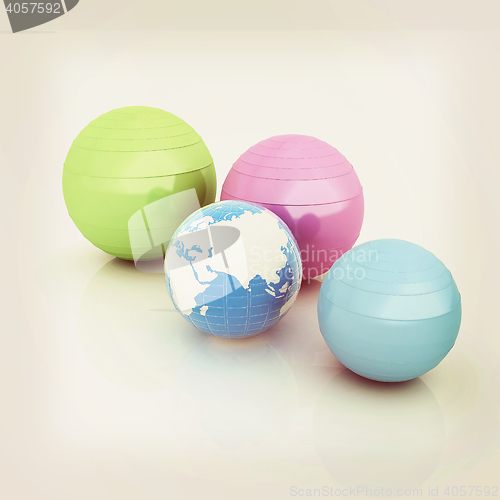Image of Pilates fitness ball and earth. 3D illustration. Vintage style.