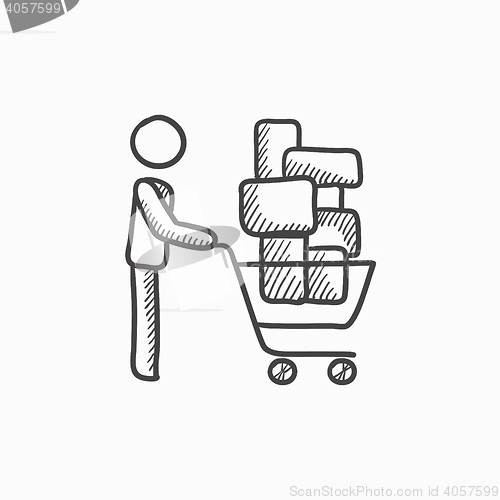 Image of Man pushing shopping cart sketch icon.