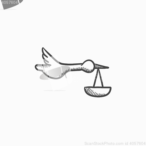 Image of Baby basket with stork sketch icon.