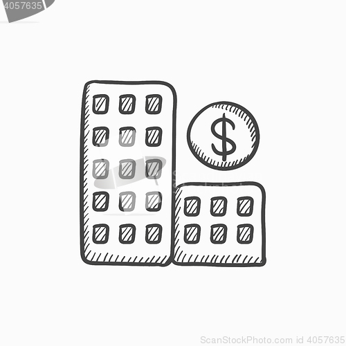 Image of Condominium with dollar symbol sketch icon.