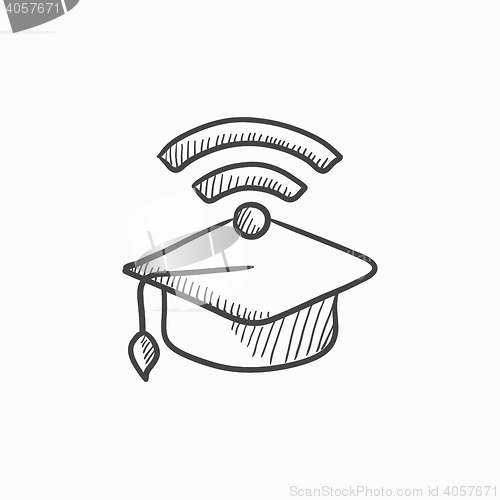 Image of Graduation cap with wi-fi sign sketch icon.