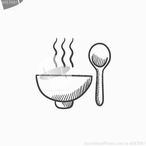 Image of Bowl of hot soup with spoon sketch icon.