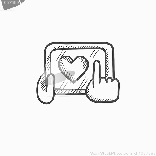 Image of Hands holding tablet with heart sign sketch icon.