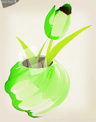 Image of Tulips with leaf in vase. 3D illustration. Vintage style.