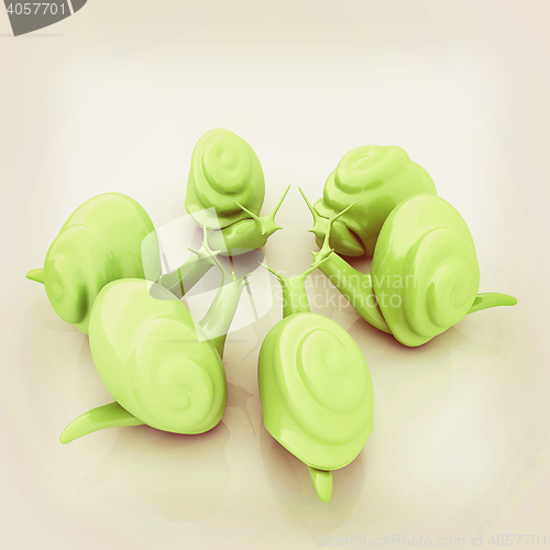 Image of 3d fantasy animals, snails on white background . 3D illustration