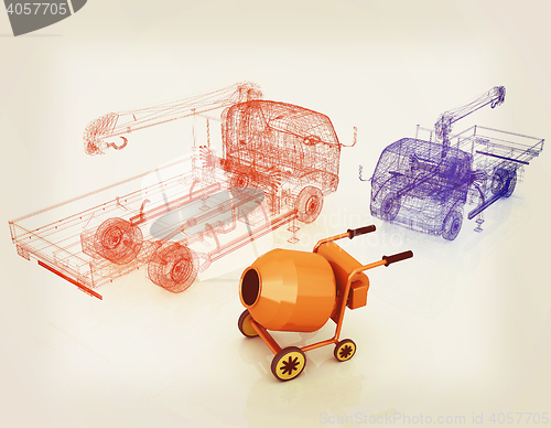 Image of 3d model concrete mixer and truck. 3D illustration. Vintage styl