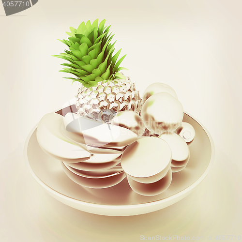 Image of Metall citrus in a dish. 3D illustration. Vintage style.