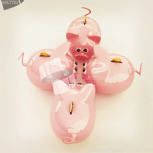 Image of Piggy bank with gold coin on white. 3D illustration. Vintage sty