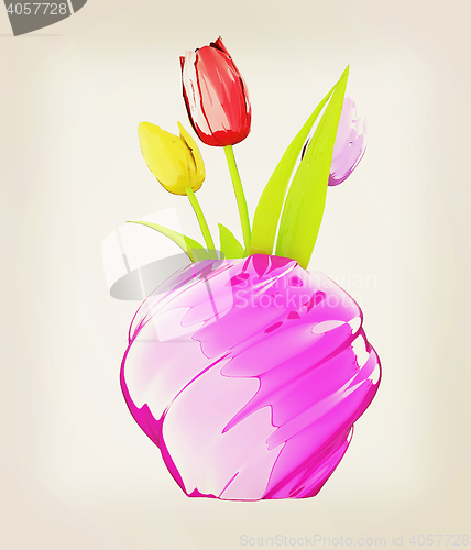 Image of Tulips with leaf in vase. 3D illustration. Vintage style.