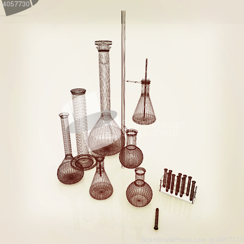 Image of Chemistry set, with test tubes, and beakers filled with colored 