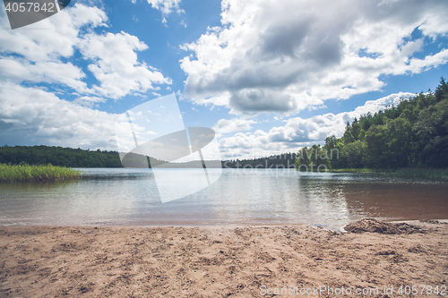 Image of Beach by a beautiful forest lake