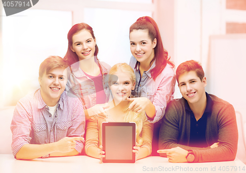 Image of smiling students with blank tablet pc screen