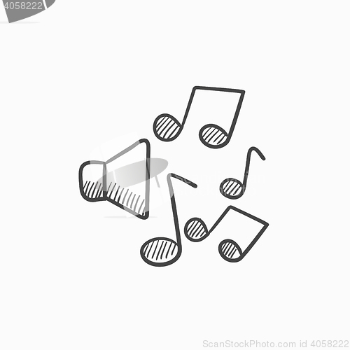 Image of Loudspeakers with music notes sketch icon.
