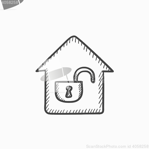 Image of House with open lock sketch icon.