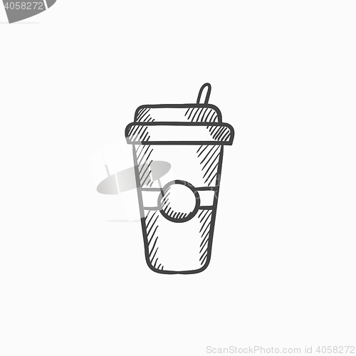 Image of Disposable cup with drinking straw sketch icon.