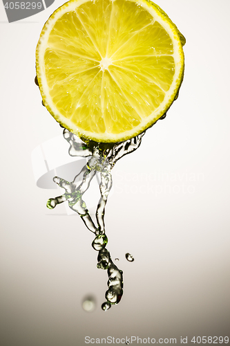 Image of One half of lime with stream  fresh water isolated on white