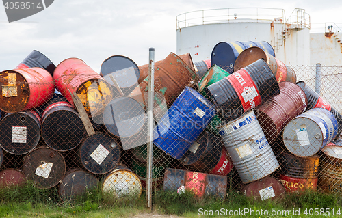 Image of AKRANES, ICELAND - AUGUST 1, 2016: Oil barrels or chemical drums