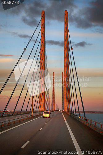 Image of View on Oresund bridge between Sweden and Denmark at sunset