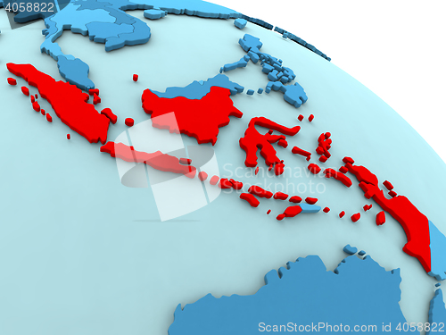 Image of Indonesia in red on blue globe