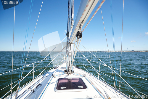 Image of close up of sailboat or sailing yacht deck in sea