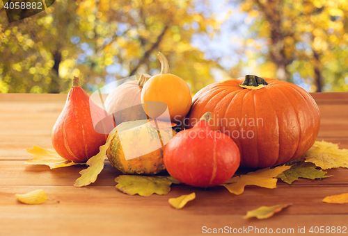 Image of close up of pumpkins on wooden table outdoors