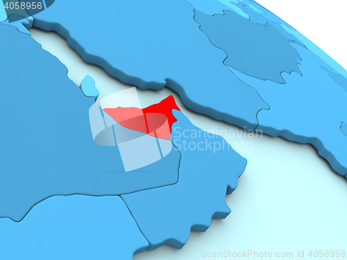 Image of United Arab Emirates in red on blue globe