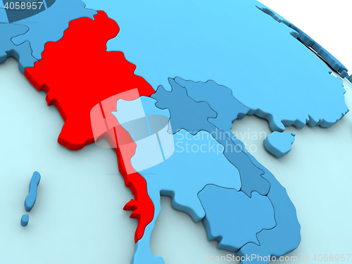 Image of Myanmar in red on blue globe