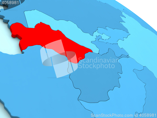 Image of Turkmenistan in red on blue globe