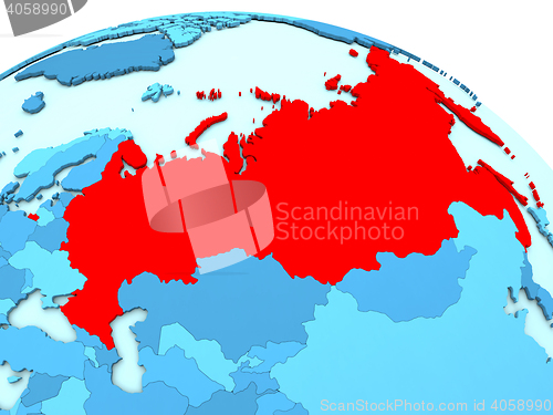 Image of Russia in red on blue globe