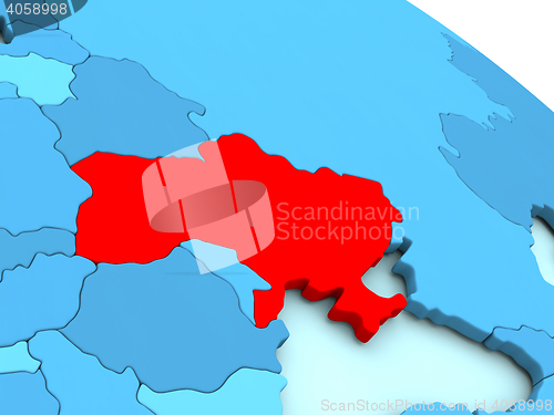 Image of Ukraine in red on blue globe