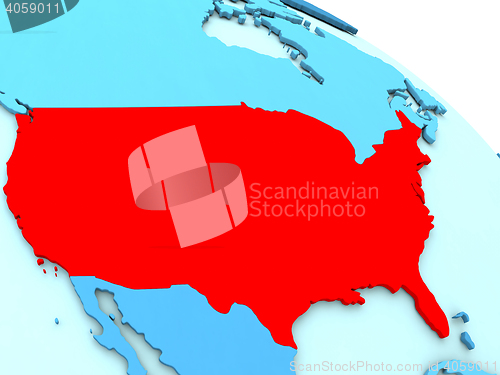 Image of USA in red on blue globe