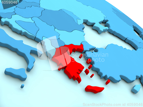 Image of Greece in red on blue globe