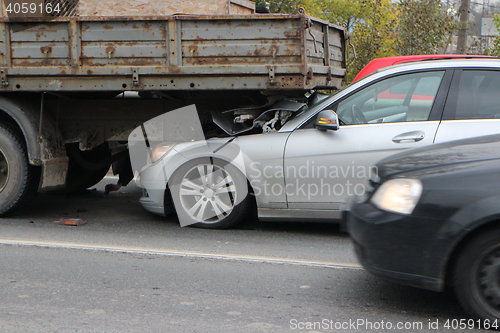 Image of crash Mercedes car and truck