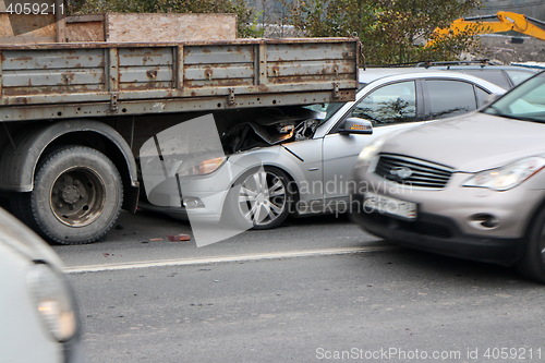 Image of crash Mercedes car and truck