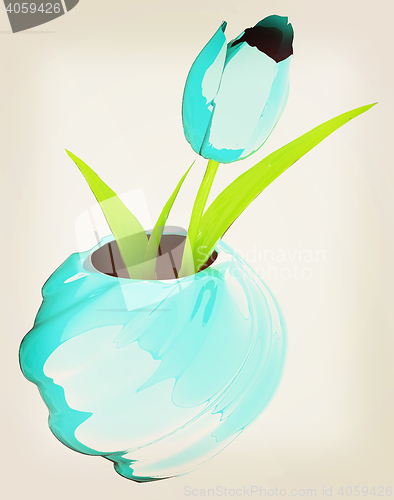 Image of Tulips with leaf in vase. 3D illustration. Vintage style.