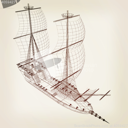 Image of 3d model ship. 3D illustration. Vintage style.