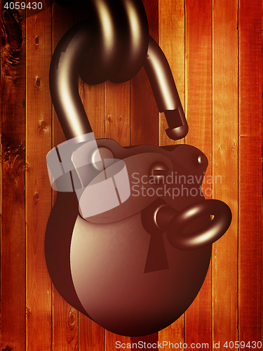 Image of Old padlock on a wooden door. 3D illustration. Vintage style.