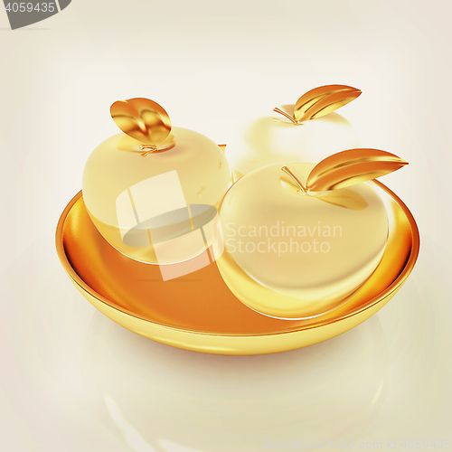 Image of Glass apple on a plate. 3D illustration. Vintage style.