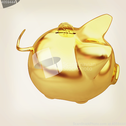 Image of gold coin with with the gold piggy bank . 3D illustration. Vinta