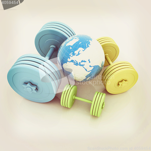 Image of dumbbells and earth. 3D illustration. Vintage style.