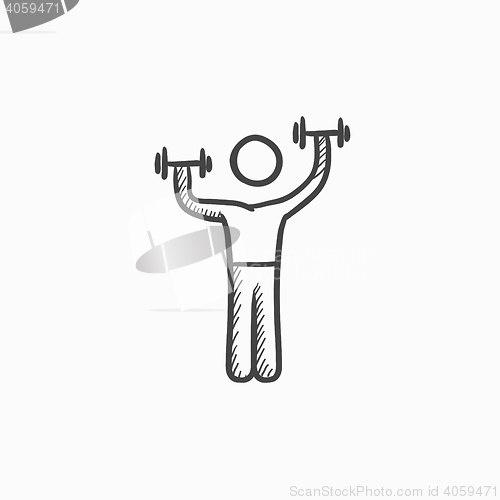 Image of Man exercising with dumbbells sketch icon.