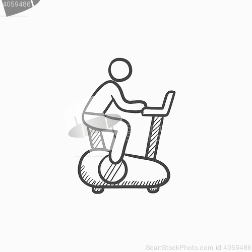 Image of Man training on exercise bike sketch icon.