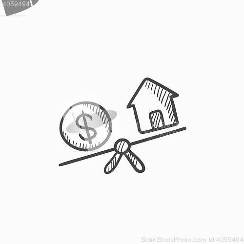 Image of House and dollar symbol on scales sketch icon.