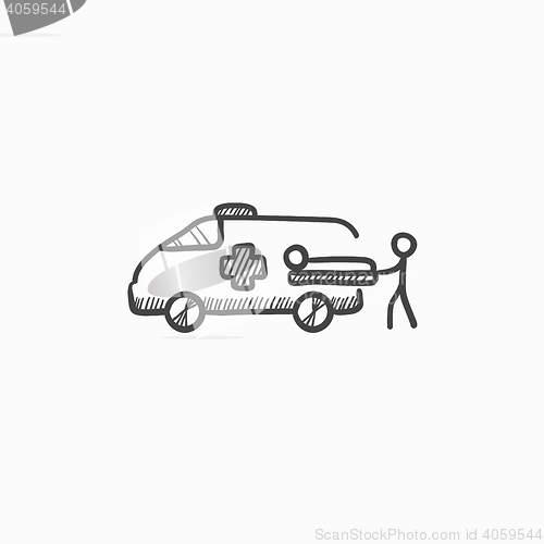 Image of Man with patient and ambulance car sketch icon