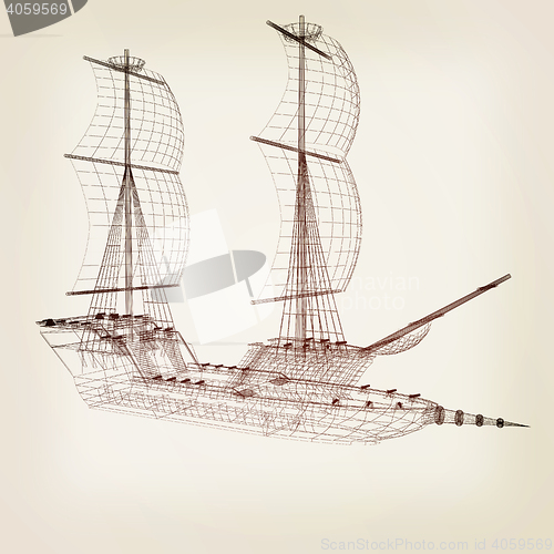 Image of 3d model ship. 3D illustration. Vintage style.